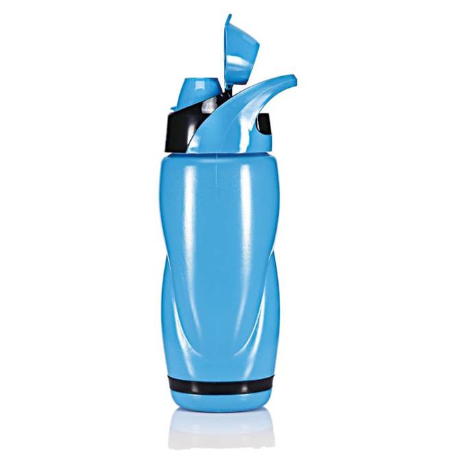 A blue drink bottle with a black lid and spout, featuring a logo on its body.