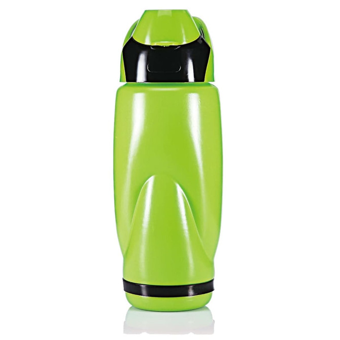 A green drink bottle with a black accent and a secure flip-top lid, featuring a logo.