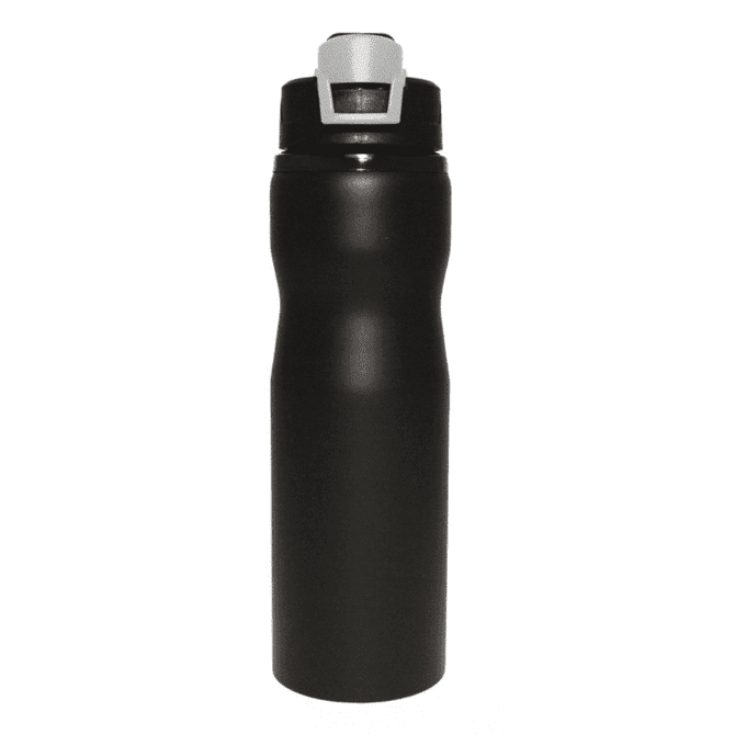 A drink bottle in matte black with a grey lid and a built-in spout. It features a logo on the side.