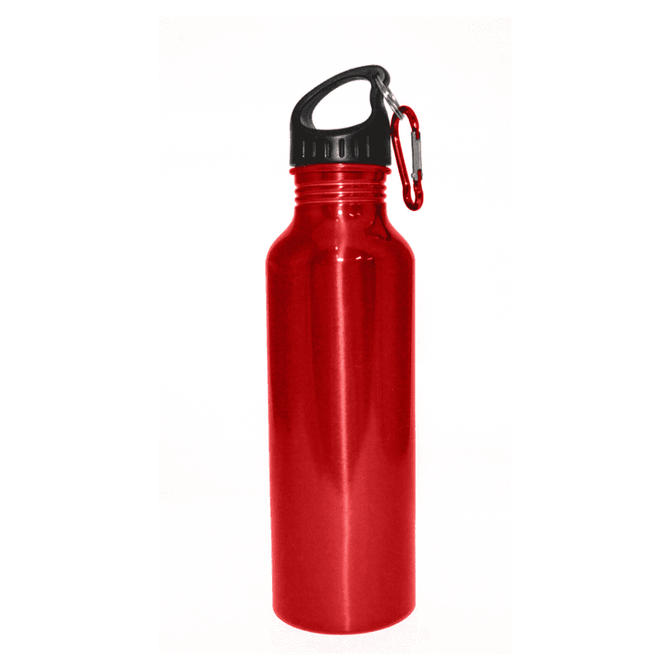 A drink bottle in shiny red with a black lid and a carabiner attached for easy carrying.