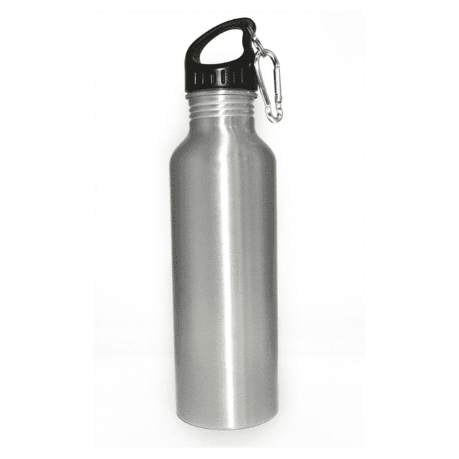 A drink bottle made of stainless steel with a black cap and a built-in carabiner for easy attachment.