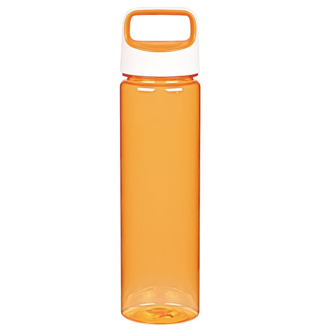 A drink bottle in vibrant orange with a white lid and handle. It features a logo on the bottle.