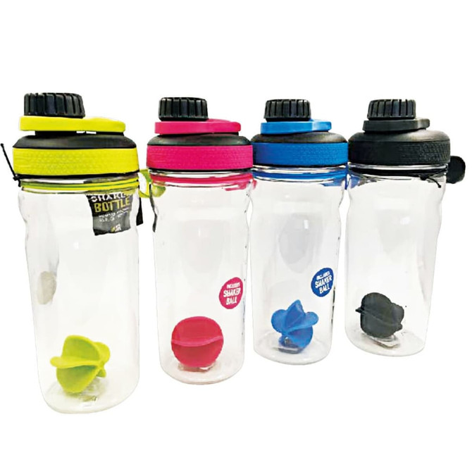 A drink bottle set featuring four transparent containers with black, pink, yellow, and blue lids and matching features.