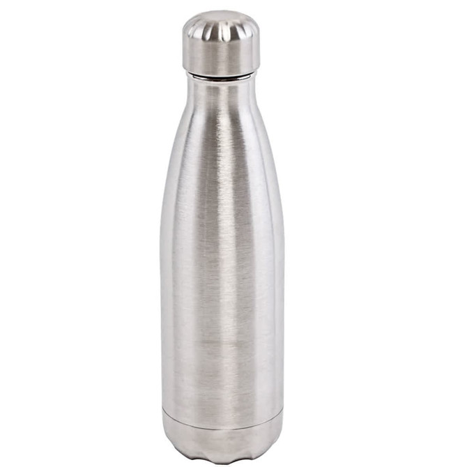 A drink bottle made of stainless steel with a sleek, silver finish and a rounded top. It features a logo.