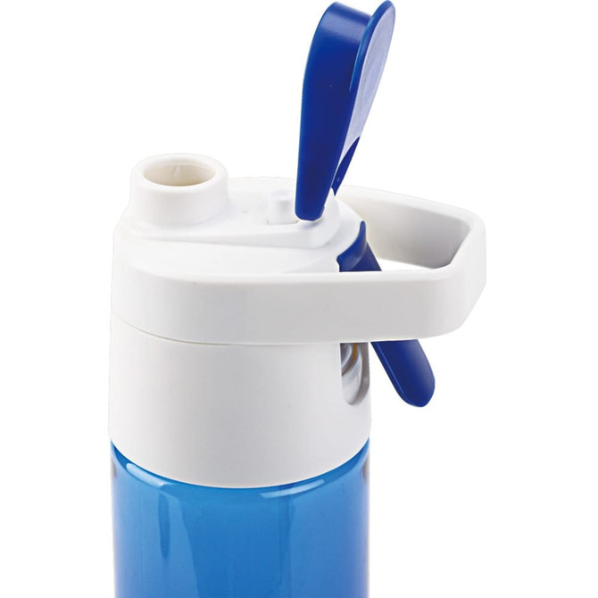 A drink bottle in blue and white with a handle and a twist cap for easy access. It features a logo on the side.
