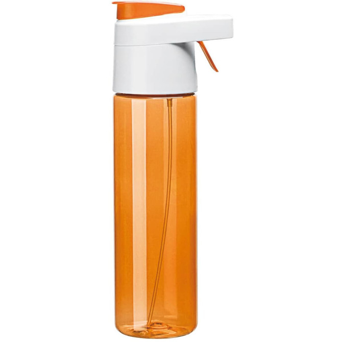 A drink bottle with a transparent orange body and a white spray nozzle with an orange cap.