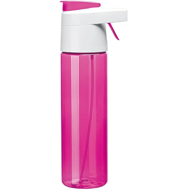 A drink bottle in vibrant pink with a white spray top and a slim design, featuring a branding logo.