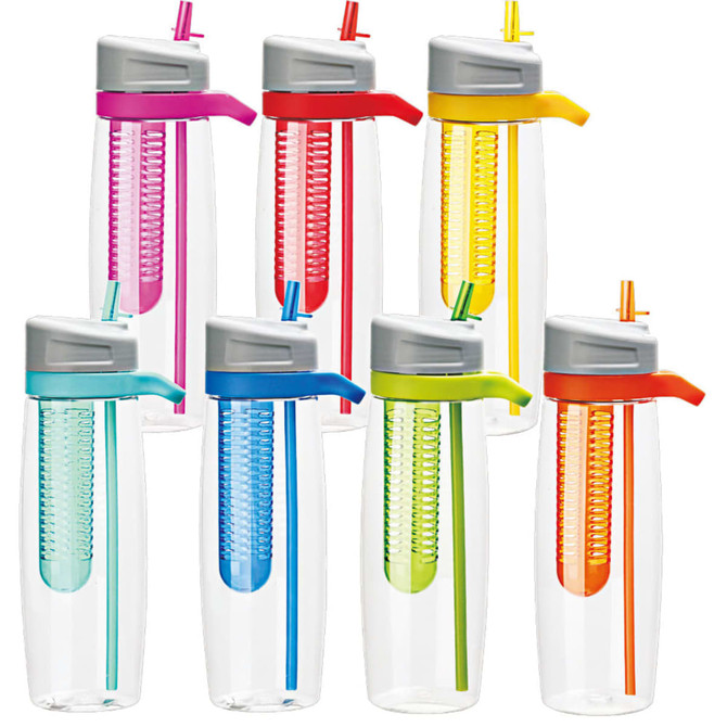 A drink bottle collection featuring various colours: pink, red, yellow, green, blue, and clear with straws and infusers.