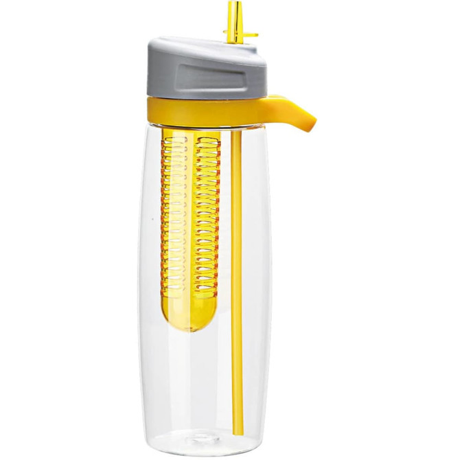 A drink bottle featuring a clear body with yellow accents and a built-in infuser. It has a grey lid and a straw.