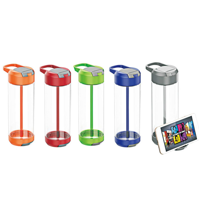 A drink bottle collection featuring orange, red, green, blue, and grey options, with a smartphone beside them.