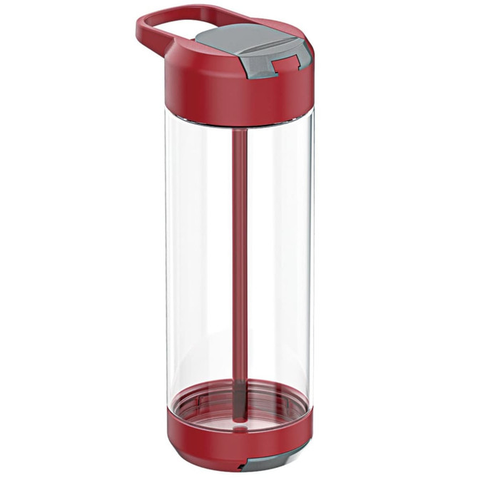 A drink bottle in red with a clear body and a grey lid, featuring a built-in stirring rod and handle.