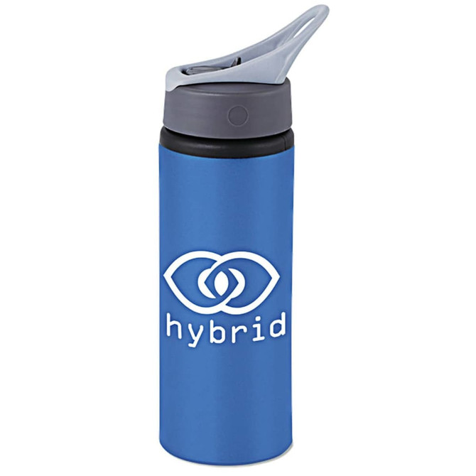 A drink bottle in a vibrant blue colour with a grey cap and a logo featured on the front.
