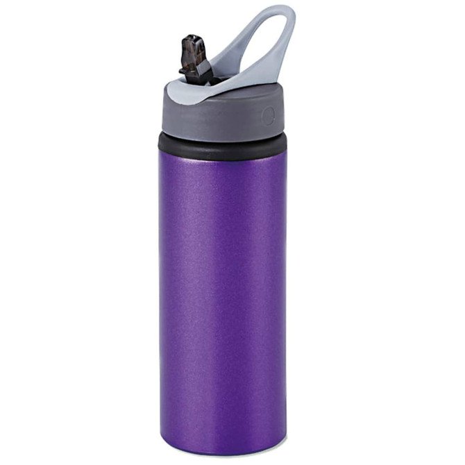 A drink bottle in a shiny purple finish with a grey lid and a pop-up opening. It features a logo on the side.