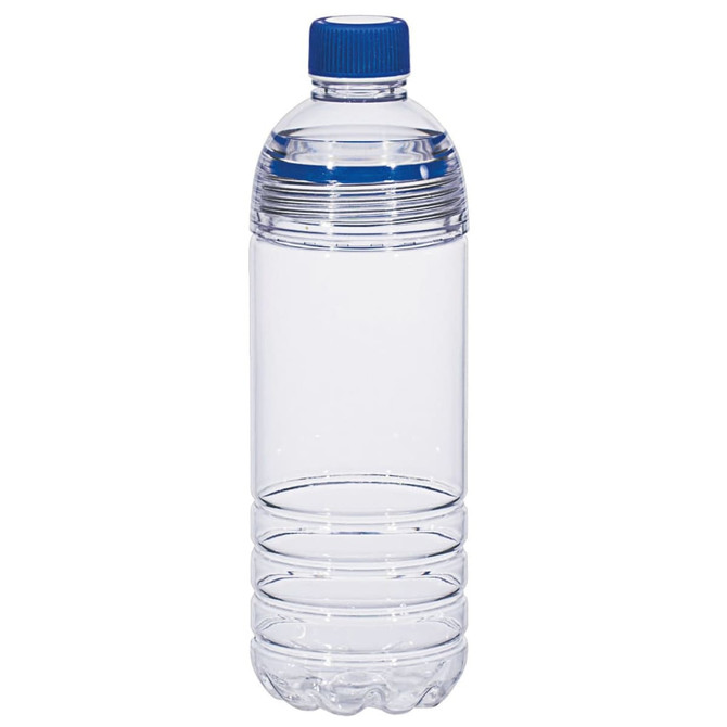 A drink bottle in clear plastic with a blue cap and ribbed body design. It features a logo on the side.