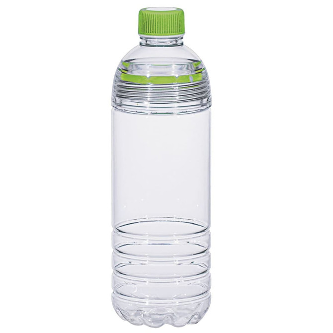 A drink bottle in clear plastic with a green screw-top lid. It features a simple, sleek design.