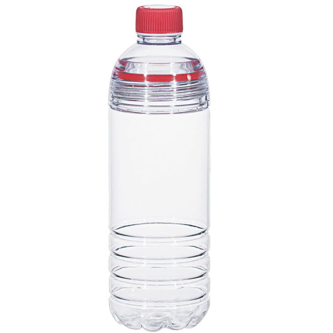 A drink bottle with a clear body and a red screw cap, featuring a simple design and a logo.