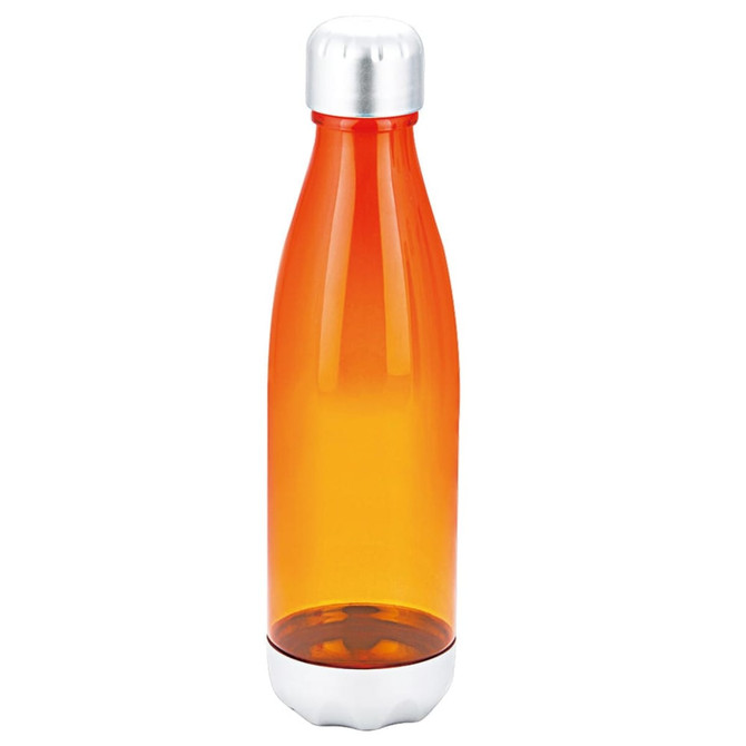 A drink bottle with a sleek orange body and a silver base, featuring a metallic cap and a logo.
