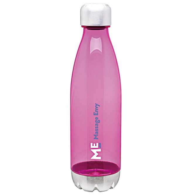 A drink bottle in bright pink with a silver cap and a logo on the side.