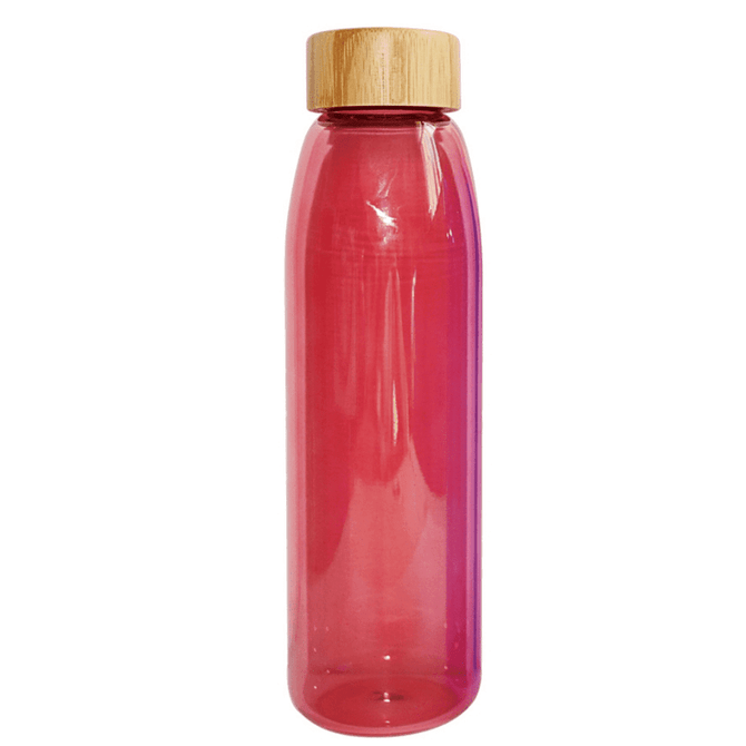 A drink bottle in gradient pink with a bamboo lid. It has a sleek, modern design and features a logo.
