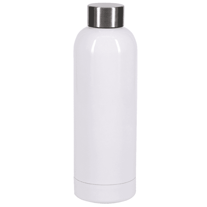 A drink bottle in glossy white with a silver stainless steel lid and a sleek, modern design.
