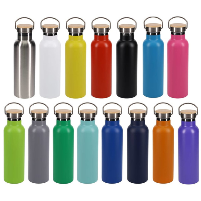A drink bottle collection featuring various colours, including stainless steel, white, yellow, red, black, pink, and more. Each has a lid.