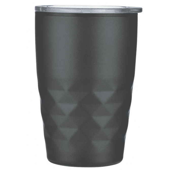 A drink bottle in a matte black finish with a textured diamond pattern and a clear lid. Includes a branding logo.