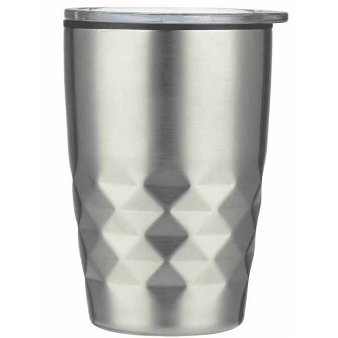 A stainless steel coffee mug with a textured, diamond pattern and a plastic lid. The mug has a silver finish.