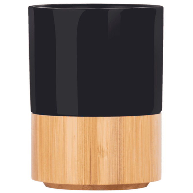 A coffee mug with a black upper section and a bamboo base, featuring a logo.