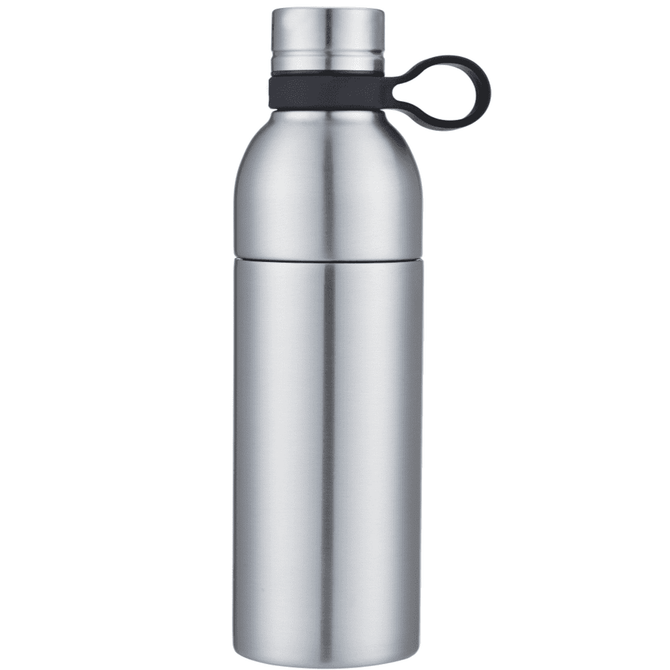 A drink bottle in stainless steel with a black loop handle. It features a sleek, modern design.