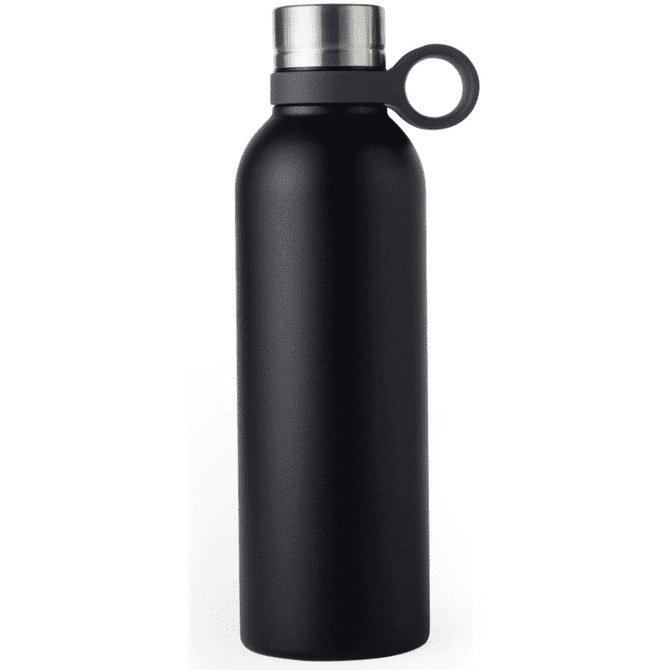 A drink bottle in matte black, featuring a stainless steel lid and a looped handle. It includes a logo.