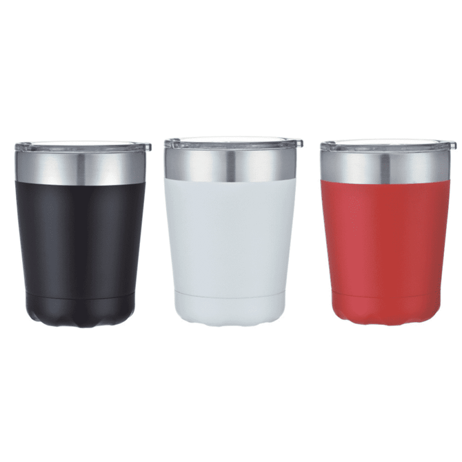A drinkware set featuring three coffee mugs in black, white, and red, each with a stainless steel lid and a logo.