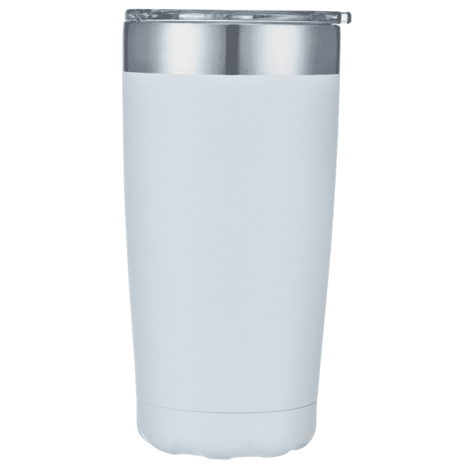 A coffee mug in white with a silver-coloured lid and a logo on the side.