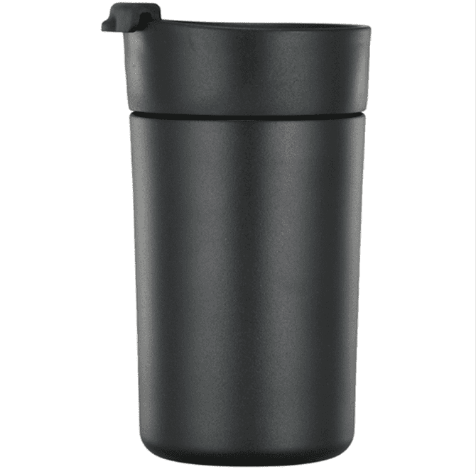 A drink bottle in matte black, featuring a lid and a sleek design with a logo.