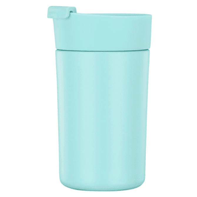 A drink bottle in a soft mint colour with a secure lid and a simple, sleek design. Features a logo.