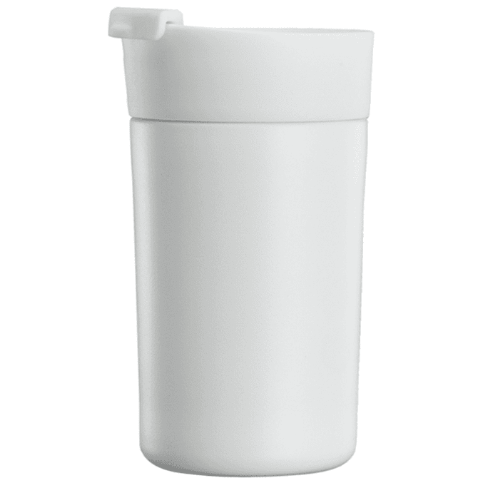 A drink bottle in white with a lid, featuring a sleek cylindrical design and an attached drinking spout.