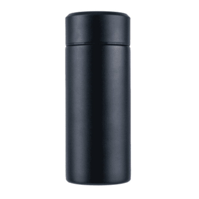 A drink bottle in sleek black with a smooth finish and a lid, featuring a minimalist design.