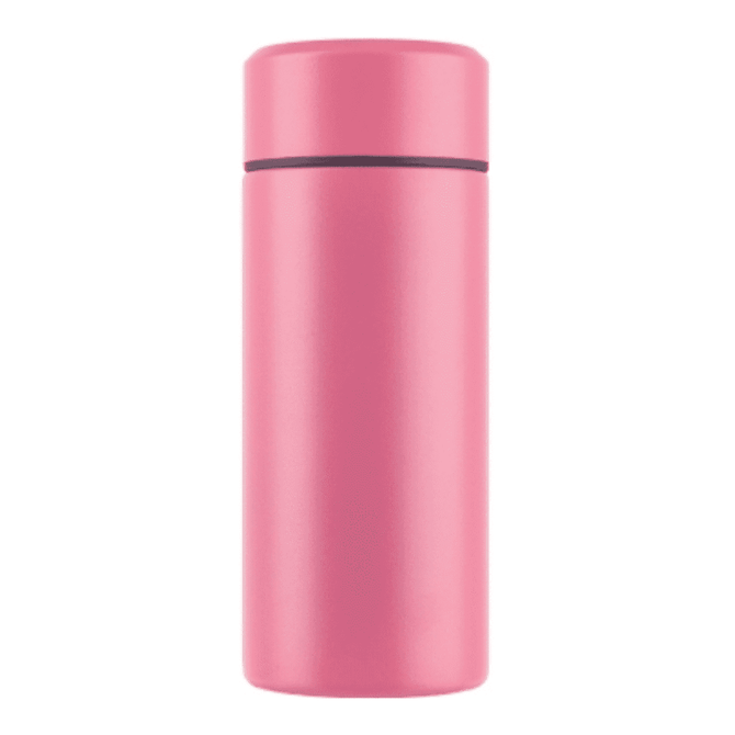 A drink bottle in a vibrant pink colour with a smooth finish, featuring a logo on its surface.