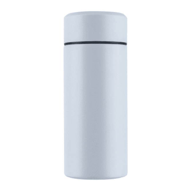 A drink bottle in pale blue with a sleek, cylindrical design and a black accent near the top.
