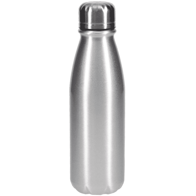 A drink bottle in silver stainless steel with a tapered design and a screw-top lid. It features a logo.