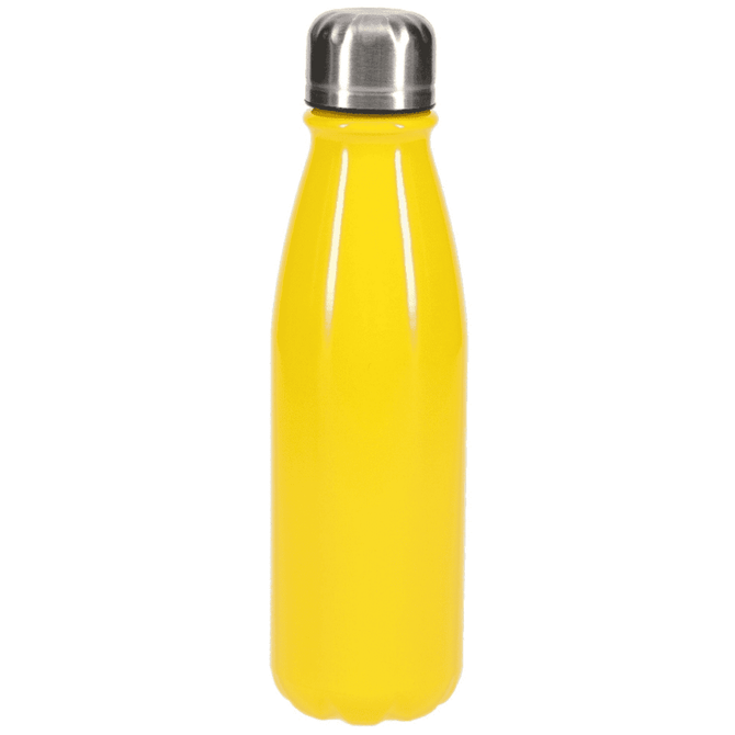 A drink bottle in vibrant yellow with a stainless steel cap. The bottle has a sleek, modern design and a glossy finish.