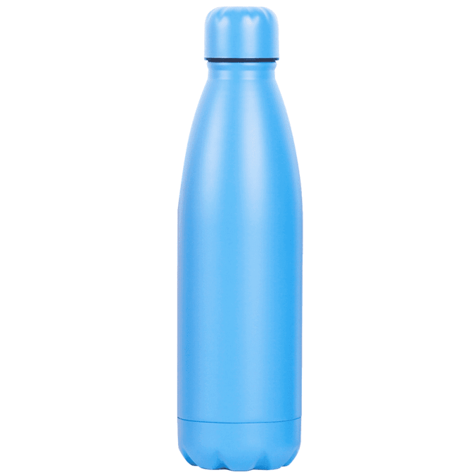 A drink bottle in a sleek light blue finish, featuring a smooth design and a cap, with a logo visible.