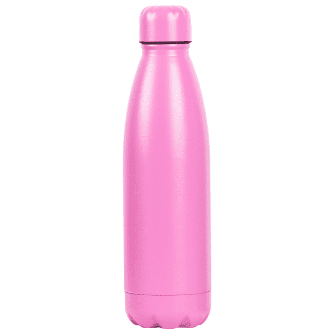 A drink bottle in bright pink with a sleek, rounded design and a cap. It features a logo on the surface.