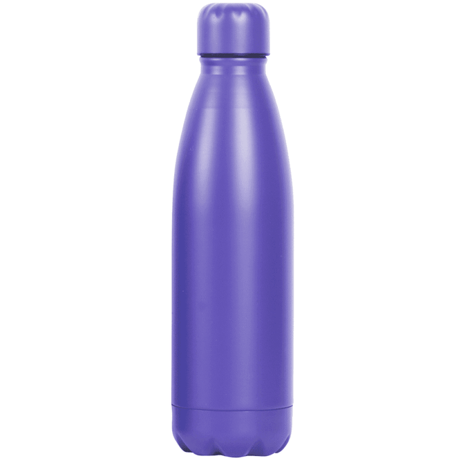 A drink bottle in a vibrant purple colour, featuring a sleek design and a secure lid. It has a logo on the side.
