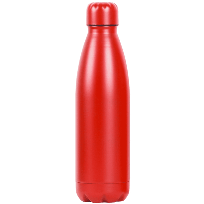A drink bottle in a bright red colour with a sleek, slim design and a capped top, featuring a logo.