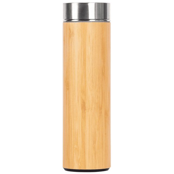 A drink bottle in a bamboo design with a stainless steel top and base, featuring a logo on the side.