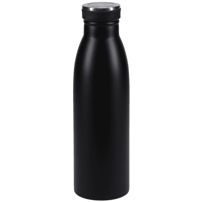 A drink bottle in sleek black with a stainless steel lid and a minimalist design.