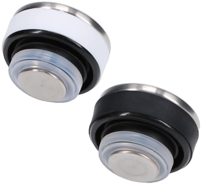 Two drink bottle lids, one white and one black, featuring metal accents and a rubber seal.