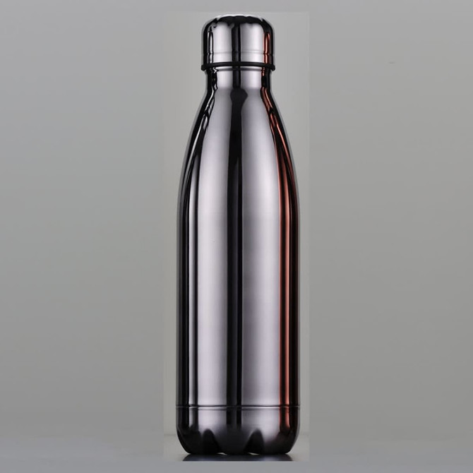 A drink bottle in a sleek, metallic silver finish with a rounded top and a narrow neck. It features a logo.