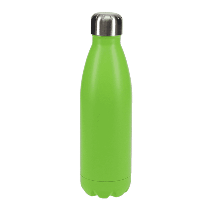 A drink bottle in vibrant green with a silver lid, featuring a sleek, contoured design and a logo.