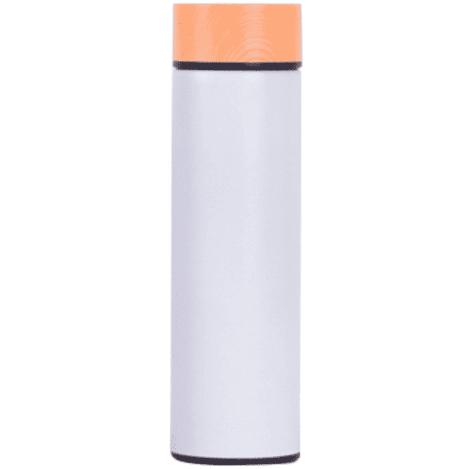 A drink bottle in white with an orange lid and a black bottom, featuring a branding logo.